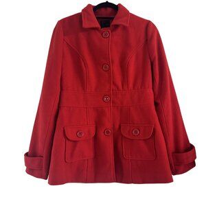 Mine Womens Red Wool Blend Tailored Jacket Button Front Fitted Coat Pockets M